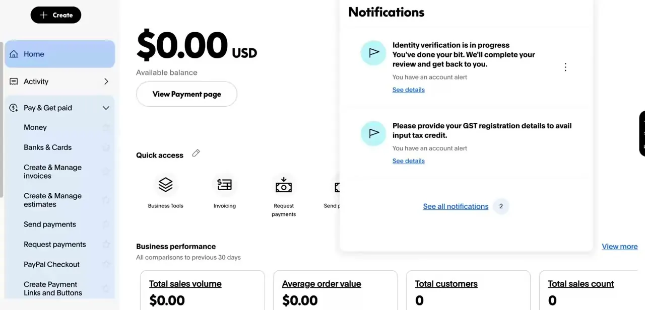 The PayPal dashboard with the notifications panel open, showing an identity-verification hold and a GST registration request, either can trigger the transaction error.