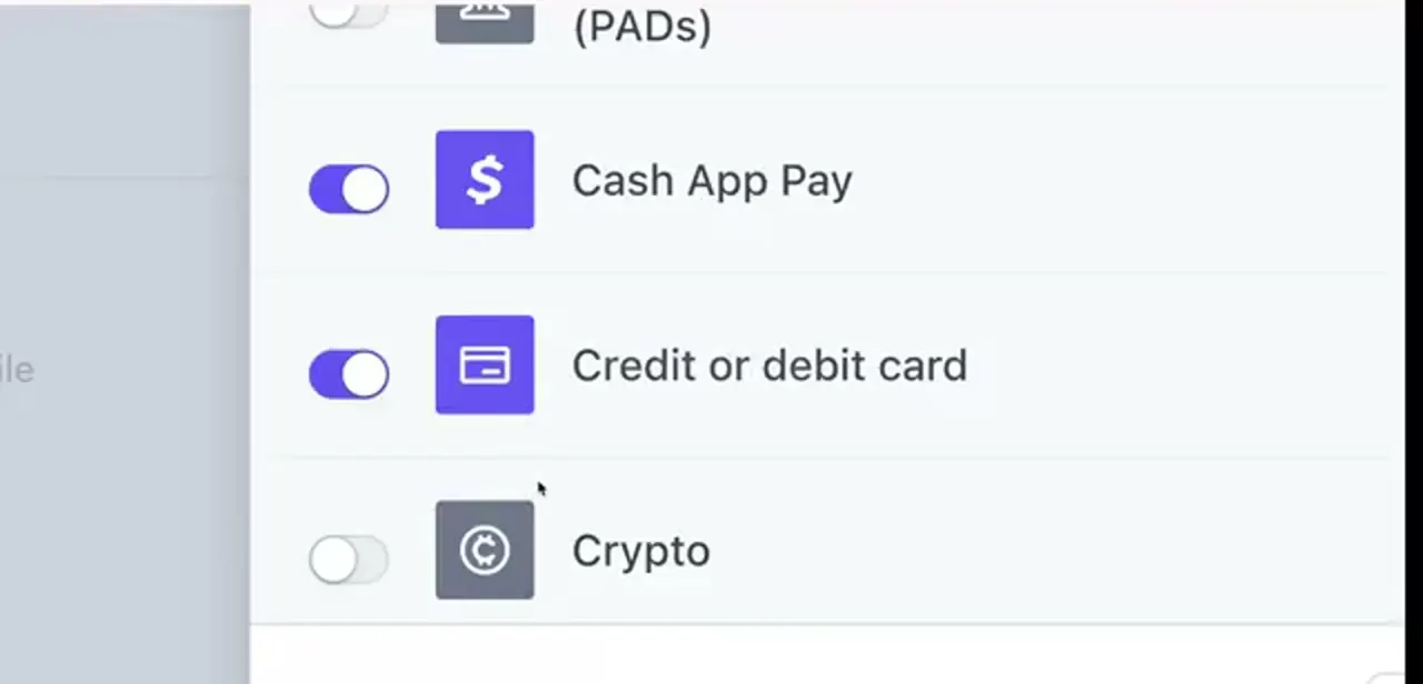 Payment method toggles in Stripe settings — card and Cash App Pay switched on, Crypto left off.