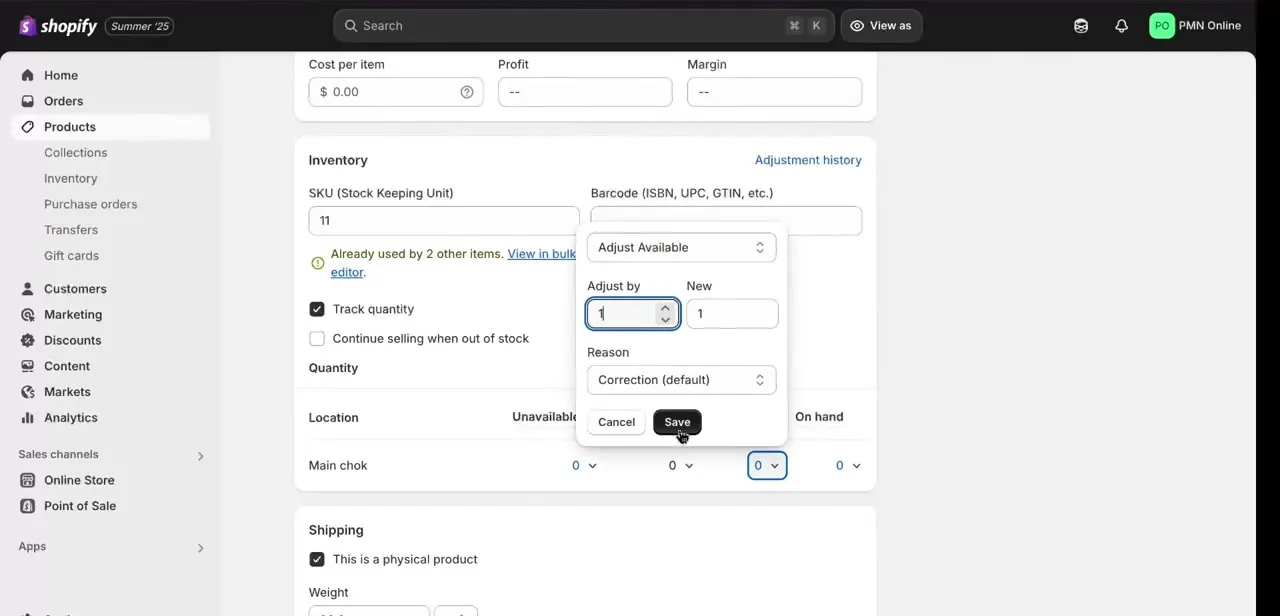 A variant's Inventory panel — Track quantity is checked, and the Adjust Available popup shows quantity by location, with an option below to allow continued selling once stock hits zero.