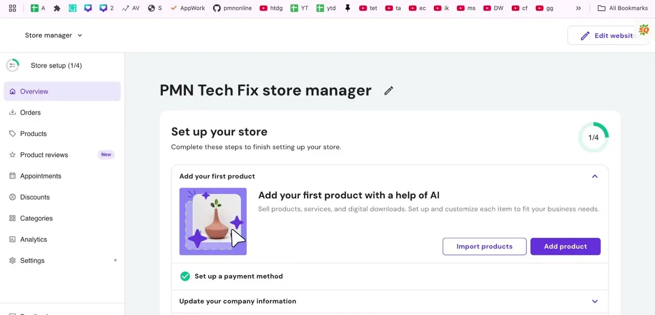 The Store Manager overview with its setup checklist, showing "Set up a payment method" already marked complete.
