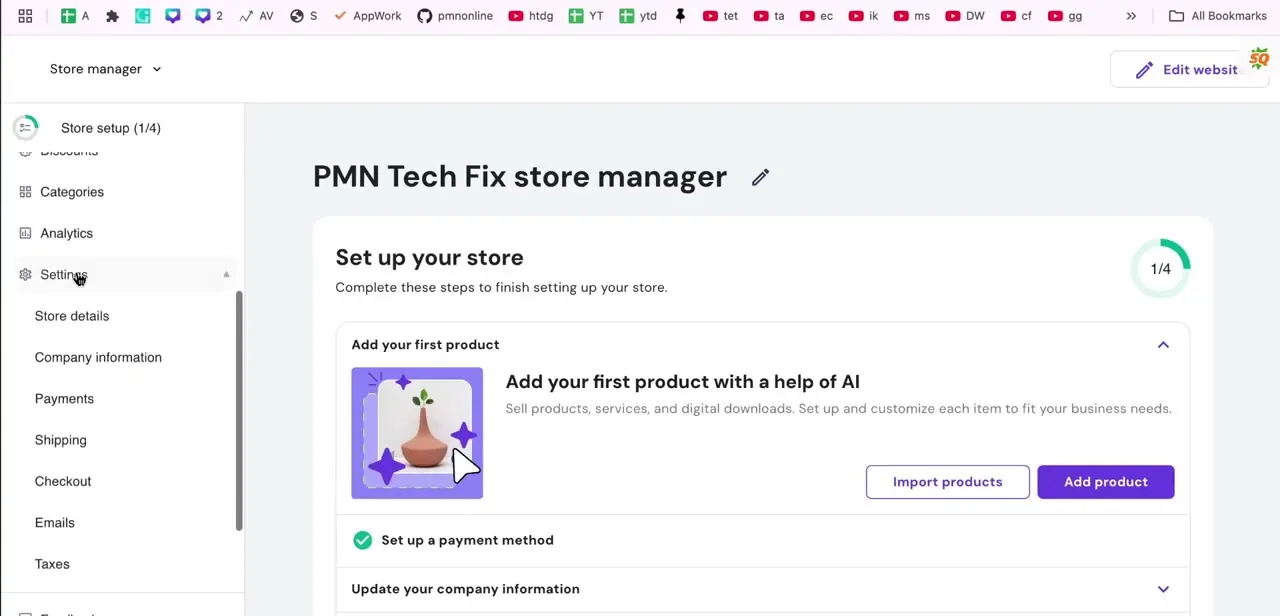 The expanded Settings menu in Store Manager, with Payments listed alongside Shipping, Checkout, and Taxes.