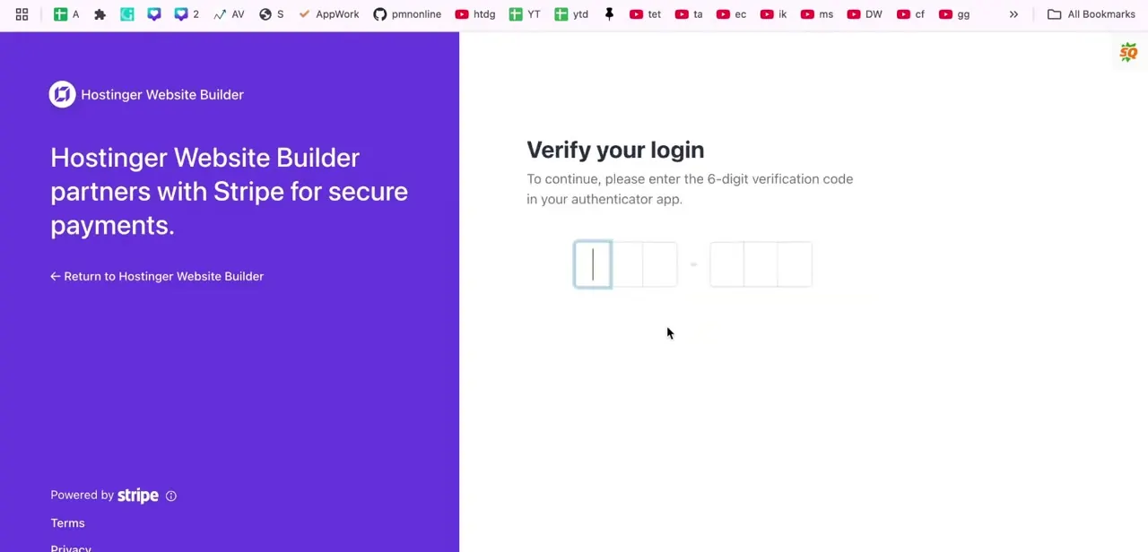 The Stripe verification screen shown when connecting payments through Hostinger Website Builder, asking for a 6-digit authenticator code.