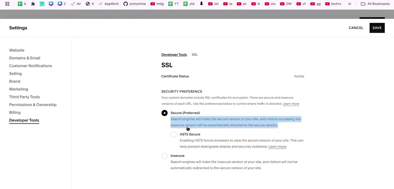 Secure (Preferred) selected on the SSL settings page, with the Save button now active in the top-right corner.