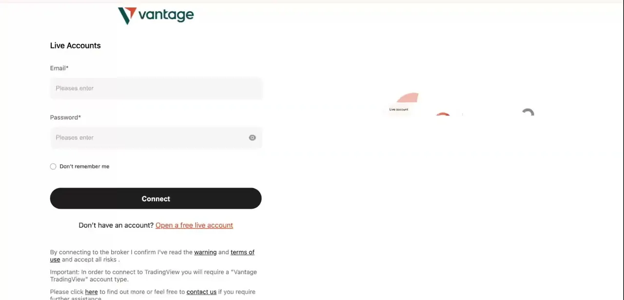 Vantage's Live Accounts login screen, reached after choosing Vantage from the broker list. It asks for your Vantage email and password and notes you'll need a "Vantage TradingView" account type to connect.