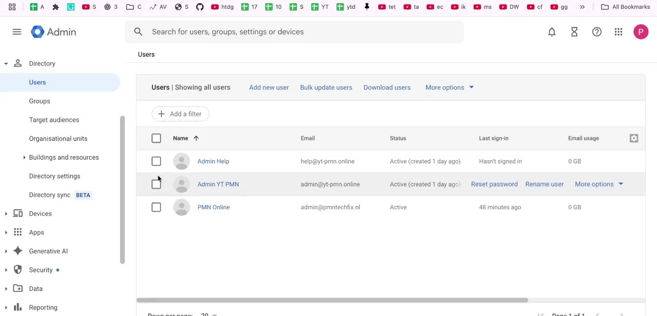 The Users list in Directory, showing each account's status, last sign-in time, and email storage usage.