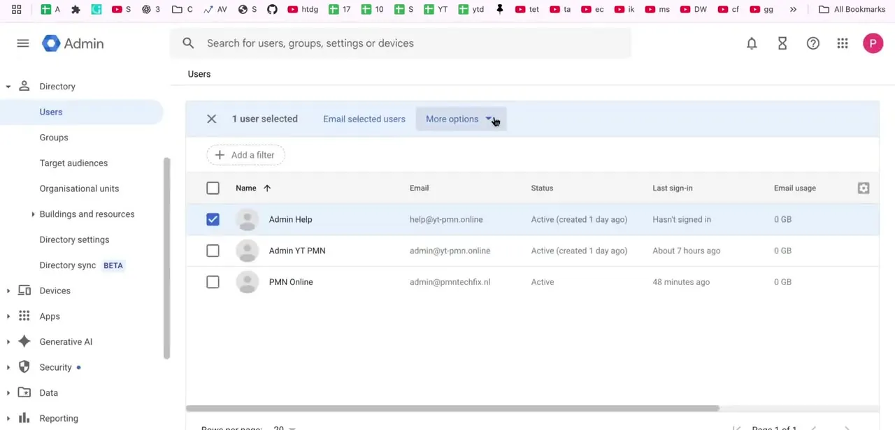 A single user selected in the Users list, with the More options menu open to reveal offboarding actions like suspending the account.