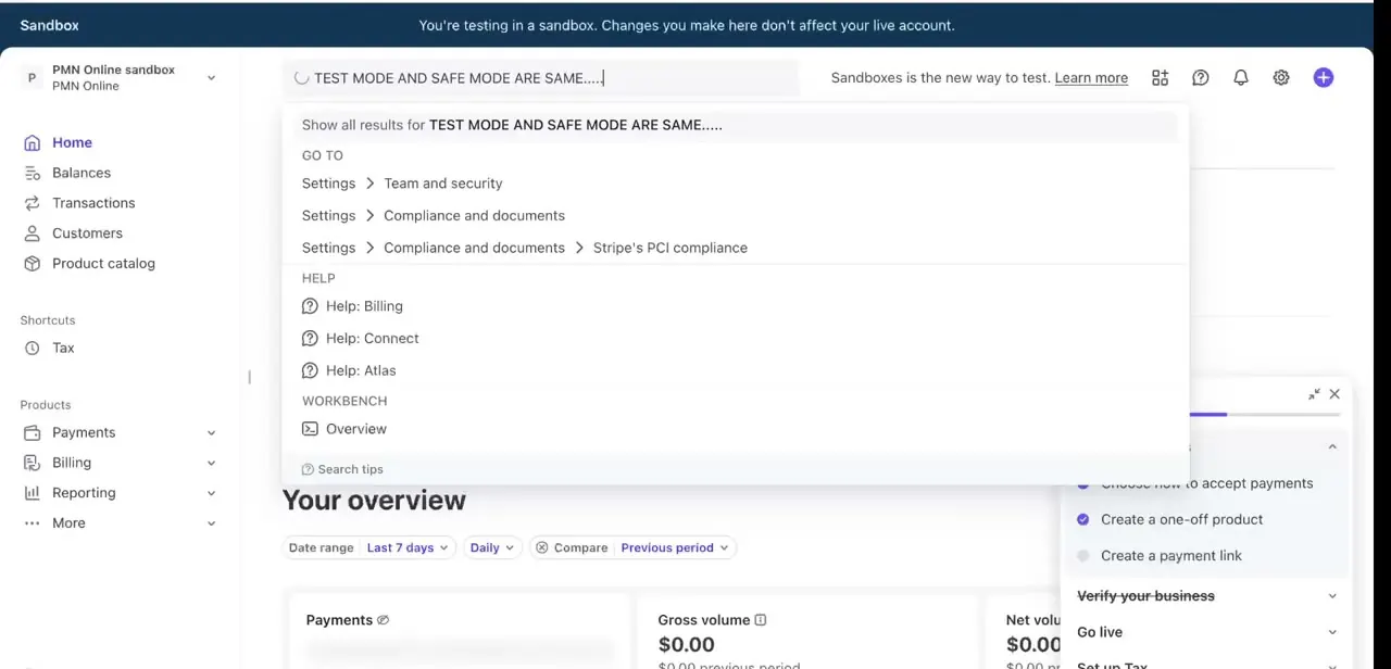 The sandbox's Overview screen, with the reassurance banner and a search bar for jumping straight to settings like Team and security or Compliance.