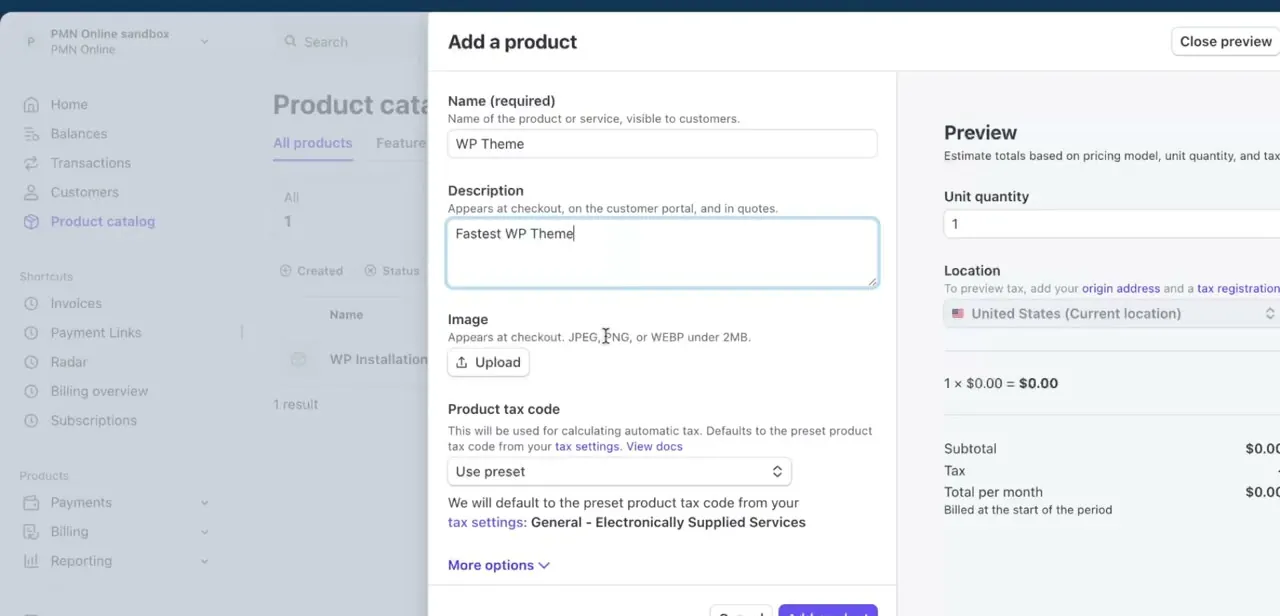 The Add a product panel, with Name and Description fields filled in and a live checkout Preview building on the right.
