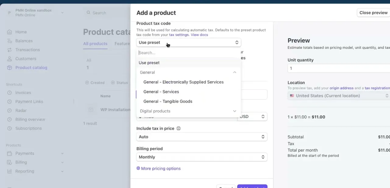 The Product tax code dropdown, showing General and Digital products categories, with Billing period set to Monthly below it.