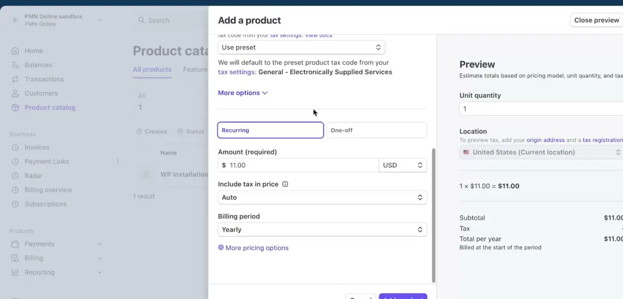 The Recurring and One-off price tabs, with Recurring selected, an $11.00 amount, and Billing period set to Yearly.