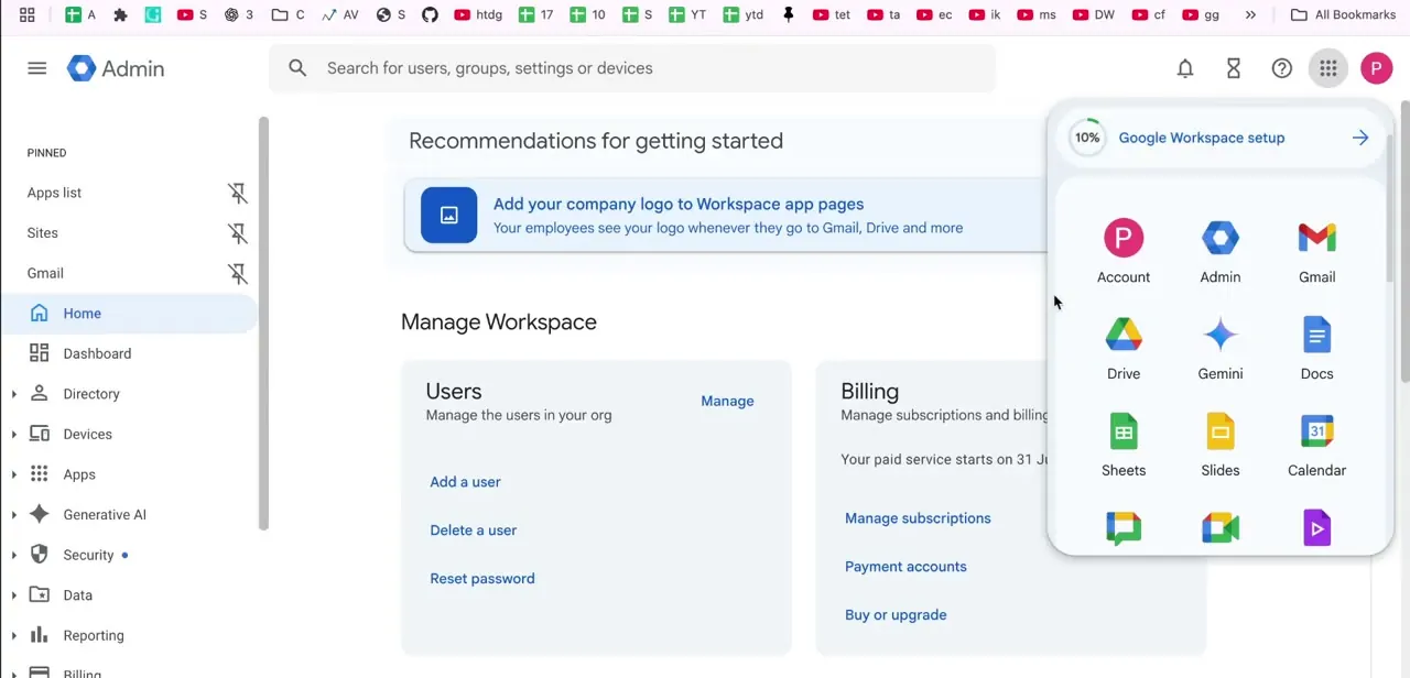 The Google apps grid opened from the Admin console, with Gmail listed alongside Account, Admin, Drive, Gemini, and Docs.
