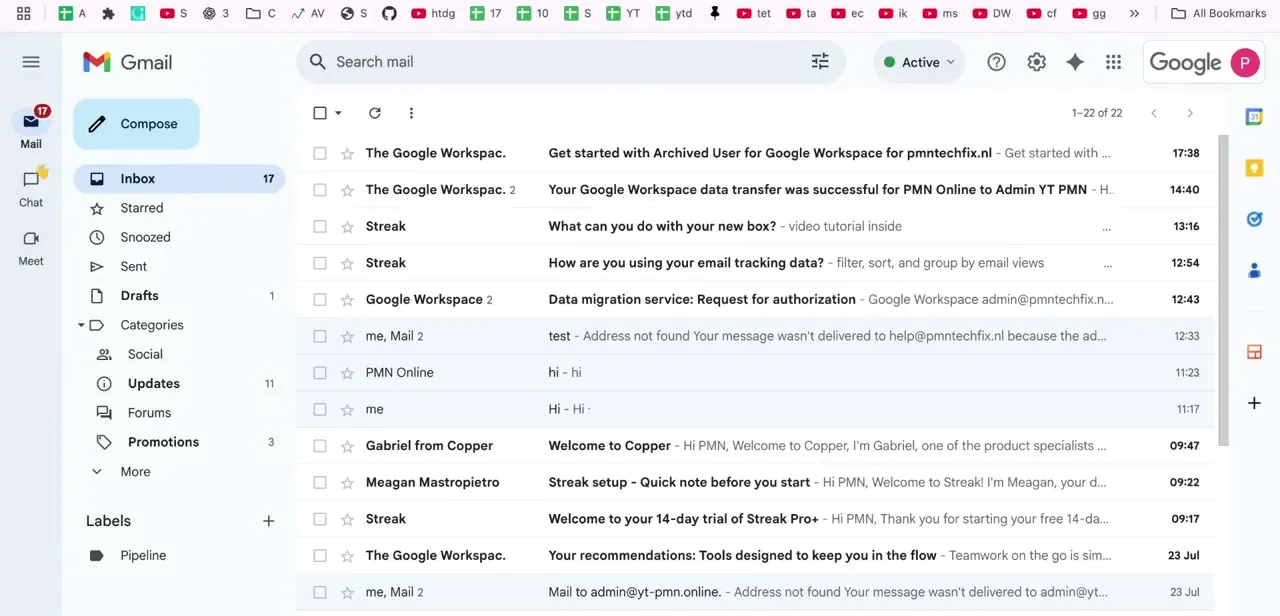 A Workspace inbox in Gmail, showing unread count, the Compose button, and the sidebar's Categories section.
