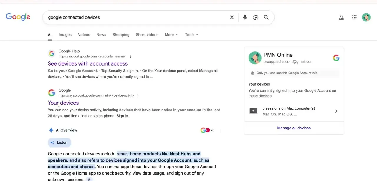 The "Your devices" panel showing active sessions Google currently recognizes for the account — the device throwing the error should show up here.