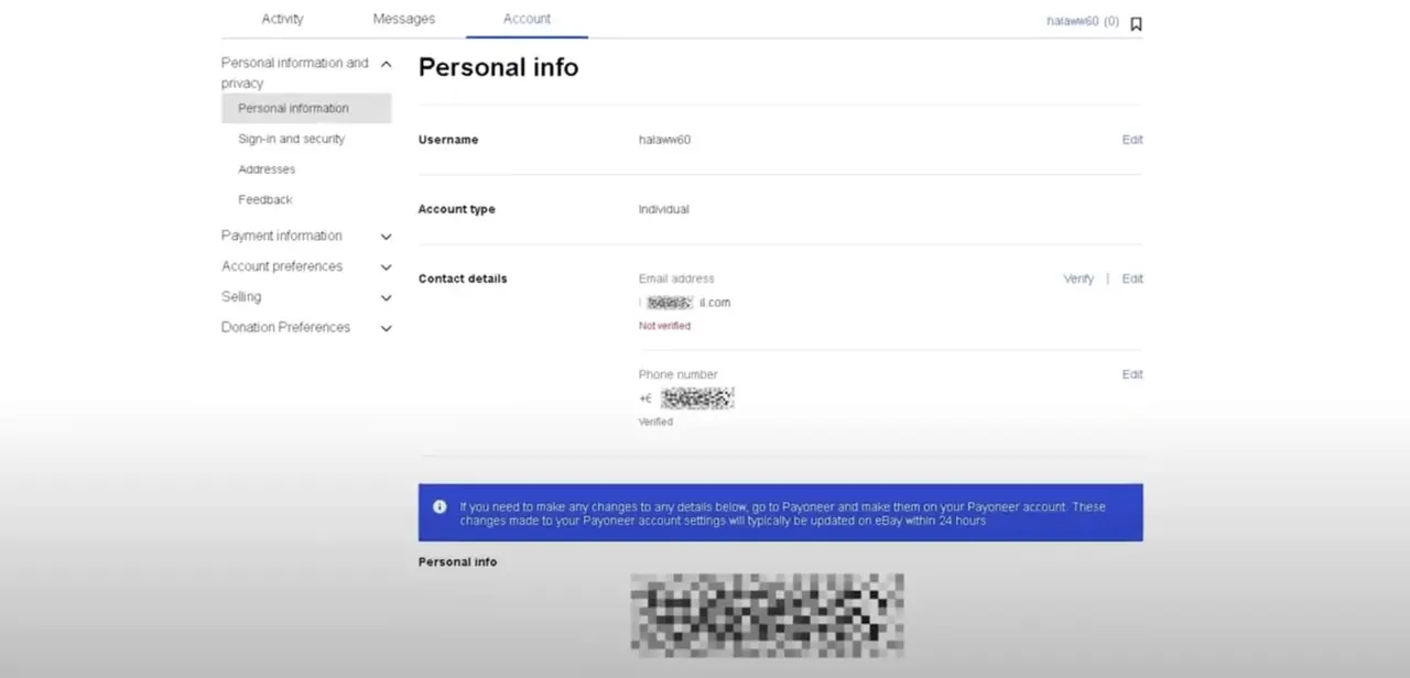 The Personal info page under My eBay's Account tab, listing Username, Account type, and Contact details with Edit links for each field.