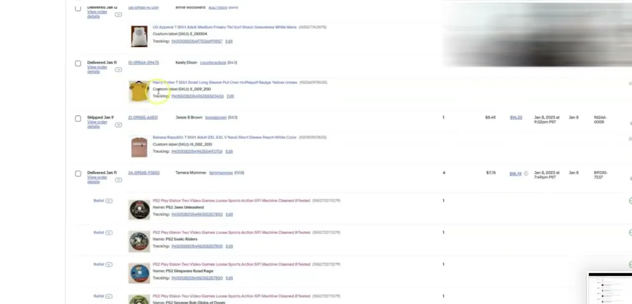 Seller Hub's order list, showing item details, tracking numbers, and order status for each sale.