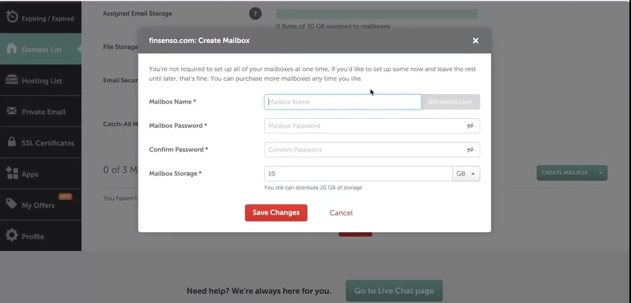 The Create Mailbox dialog, asking for a mailbox name, password, and how much storage to assign from the plan's total.