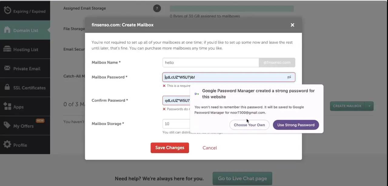 The Create Mailbox form filled in, with Google Password Manager offering to generate a strong password for the new mailbox.