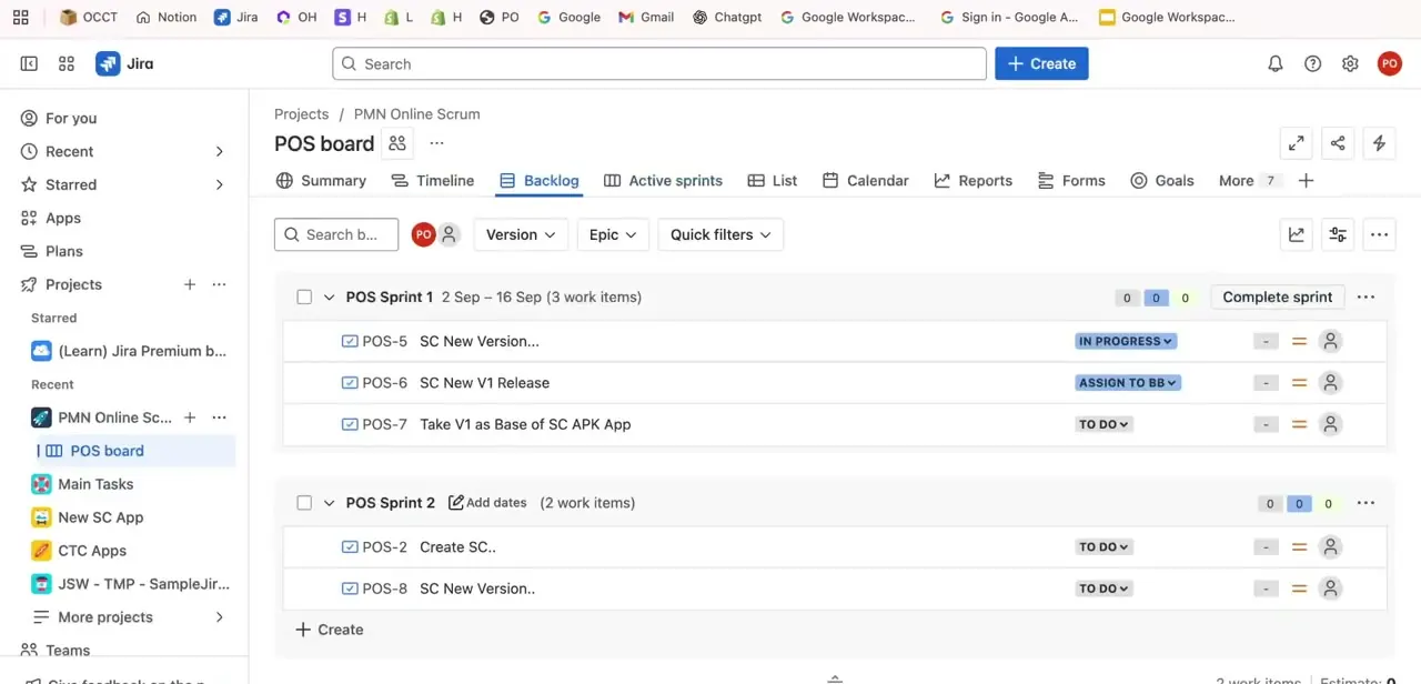 The Backlog view, showing POS Sprint 1 and POS Sprint 2 with their tickets, statuses, and assignees listed underneath each sprint header.