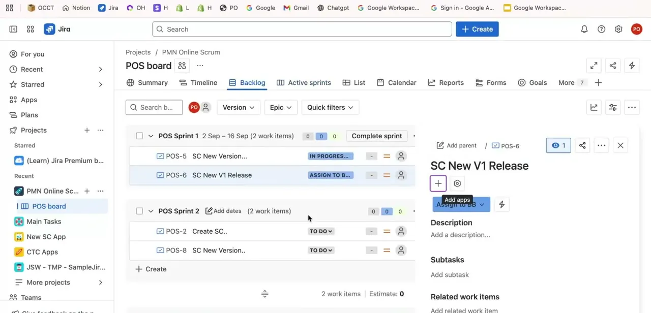 A ticket's detail panel open alongside the board, showing its description, subtasks, and related work items — the more-actions menu near the top is where Move to Backlog lives.
