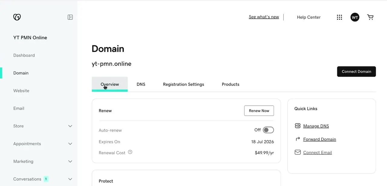The domain overview in GoDaddy, with Manage DNS listed under Quick Links, used here to add and check MX records.