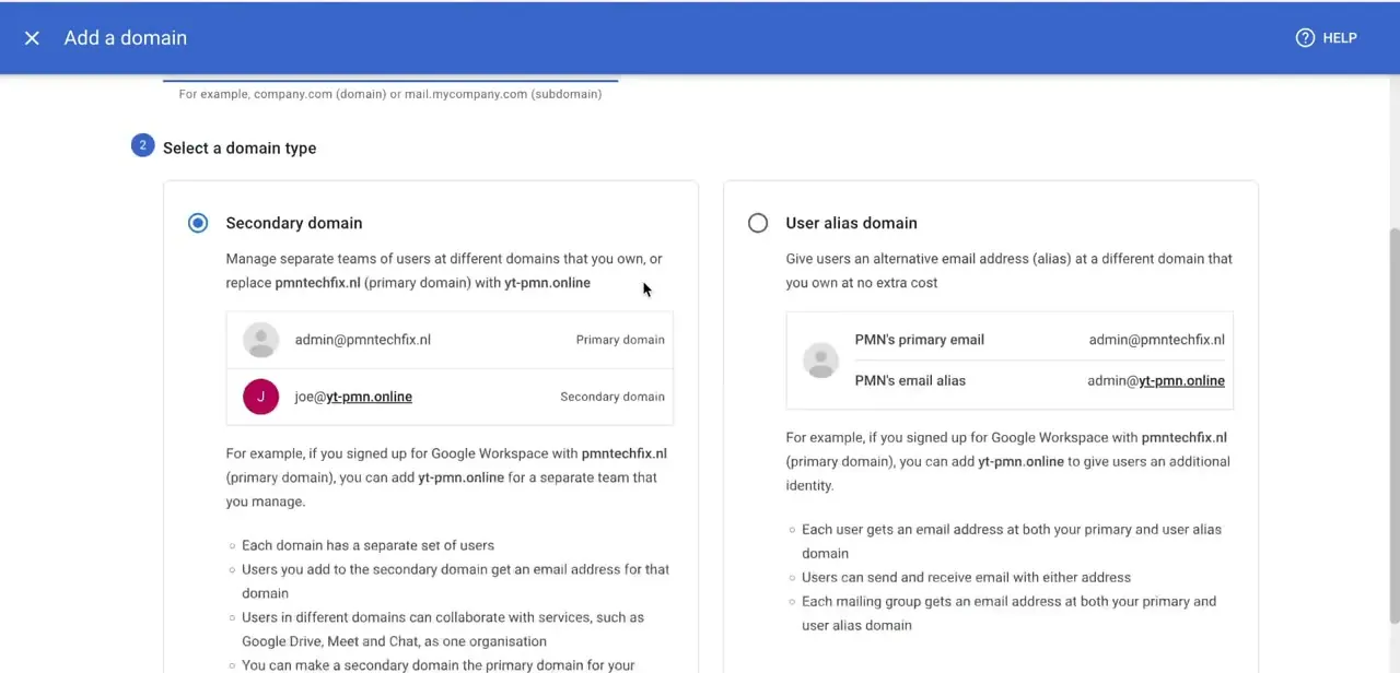 The domain type screen, comparing a secondary domain (separate users) against a user alias domain (shared inbox, extra address).