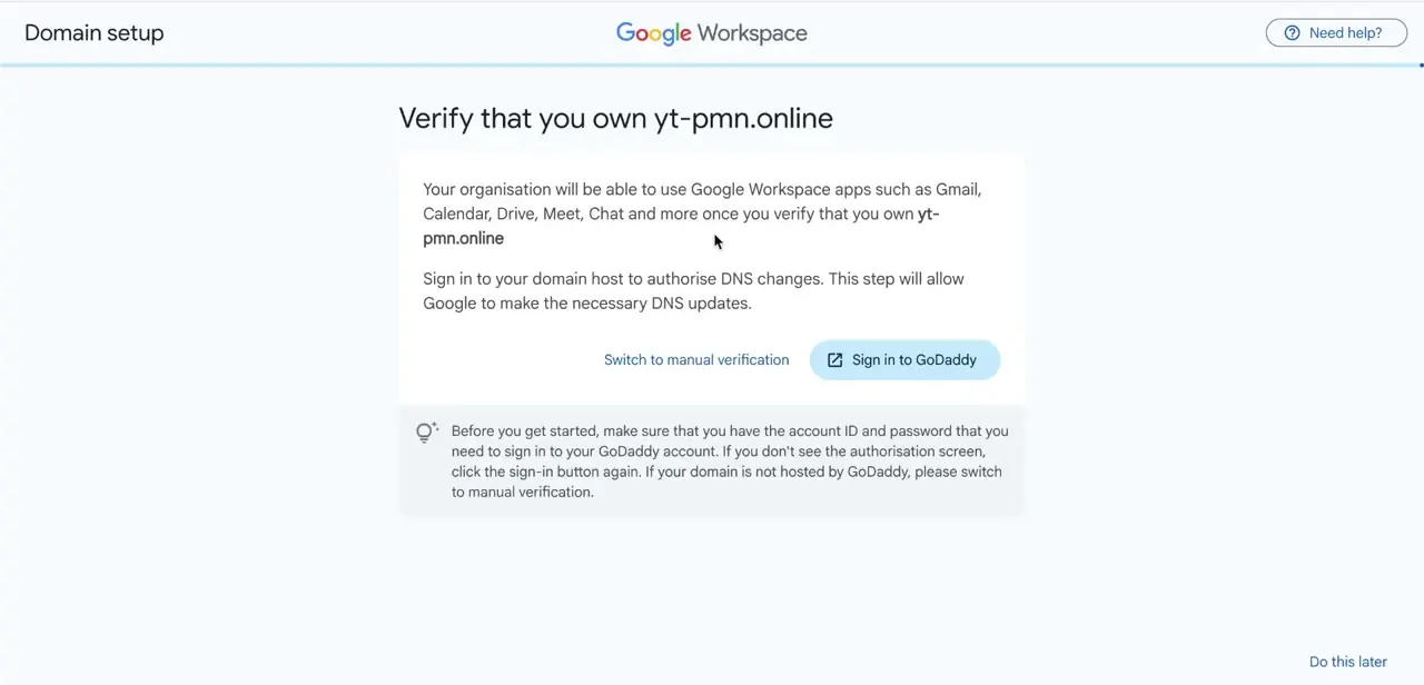 The verification screen, where Google provides a TXT record value to add in GoDaddy's DNS settings.