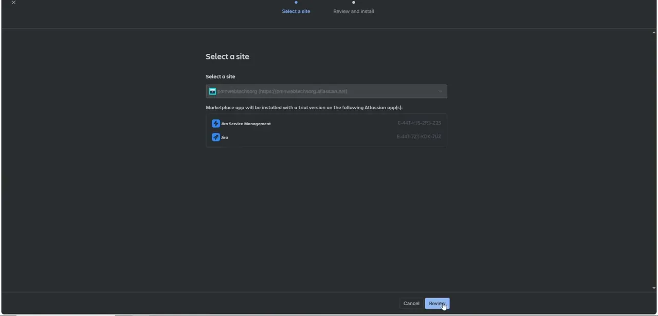 The app install flow, selecting which Atlassian site the Power BI connector should be installed on before reviewing and confirming.