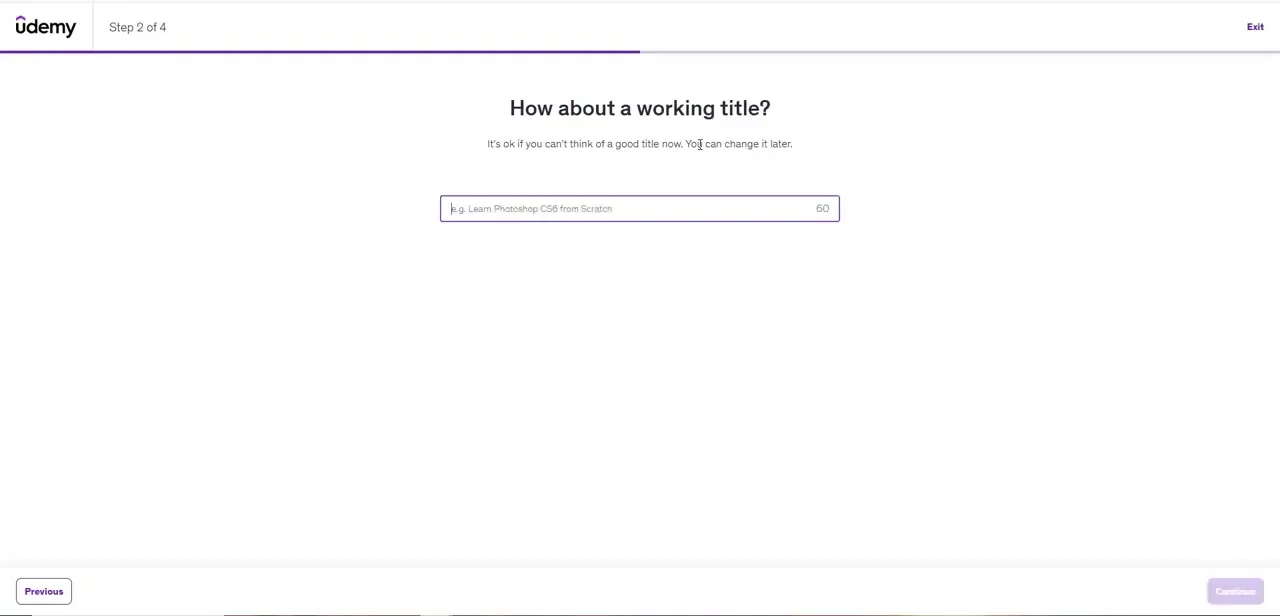 Step 2 of the setup wizard, an empty working-title field with example placeholder text suggesting a specific, descriptive title.