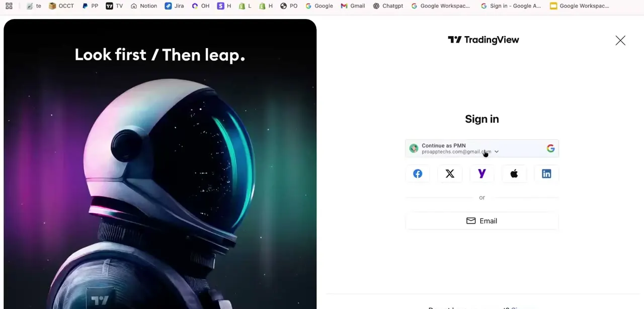 TradingView's sign-in screen, offering a one-click 'Continue as' option through Google alongside Facebook, X, Apple, and LinkedIn.