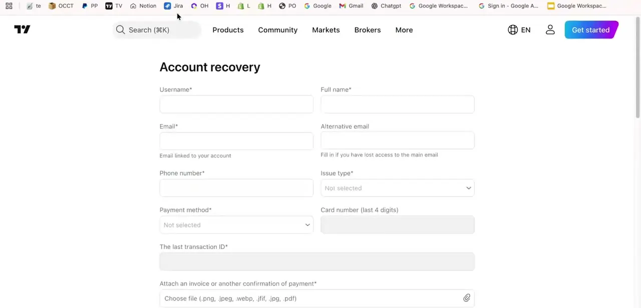 The TradingView Account Recovery form, requesting username, email, phone number, issue type, and payment or transaction details for verification.
