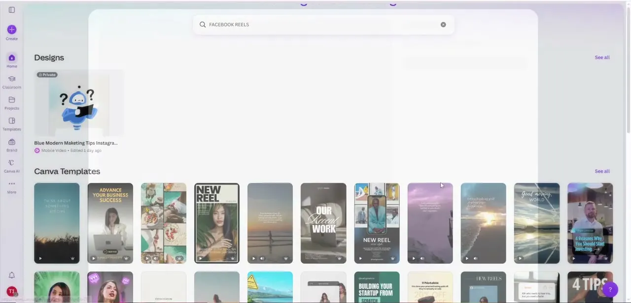 Search results for "Facebook Reels," showing a grid of vertical video templates with play previews.