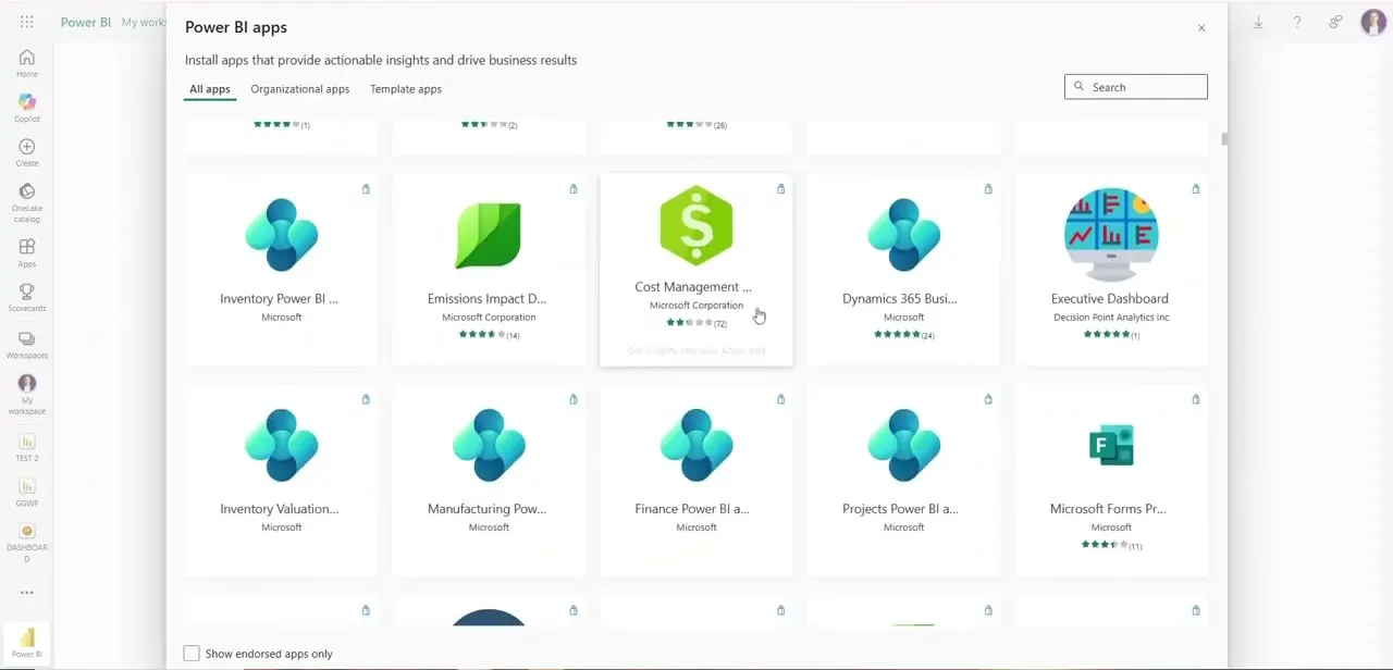 The Power BI apps marketplace, where you can browse and install pre-built report templates before deciding whether to build a custom GitHub connection.