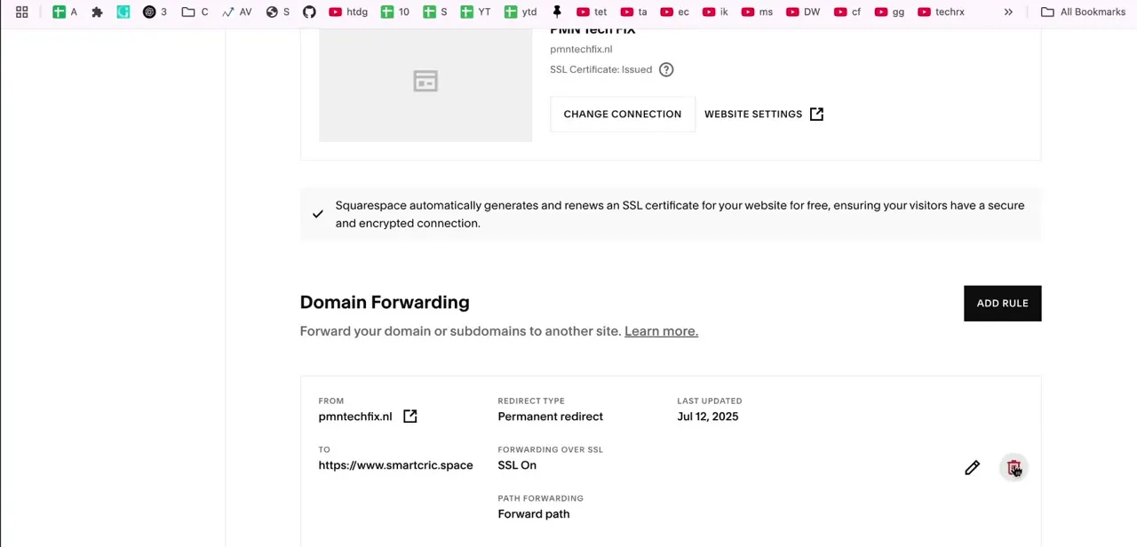 The Domain Forwarding panel, listing an active rule with its destination, redirect type, and the edit and delete icons on the right.