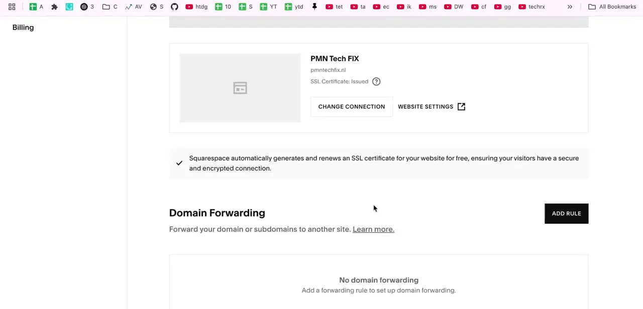 The Domain Forwarding panel after the rule is deleted, now showing "No domain forwarding" with a button to add a new rule.