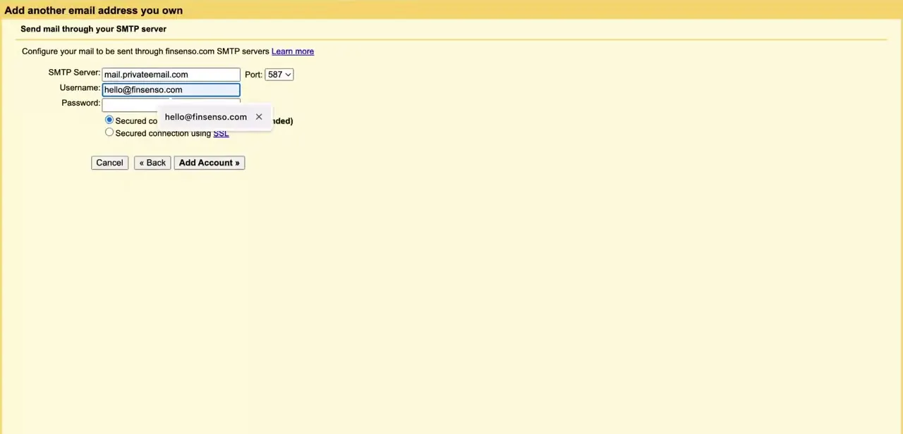 The SMTP configuration screen, with mail.privateemail.com as the server and the full email address as the username.