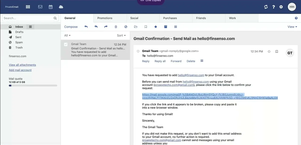 The confirmation email in Private Email's webmail, with the verification link Gmail requires before it will send as the new address.