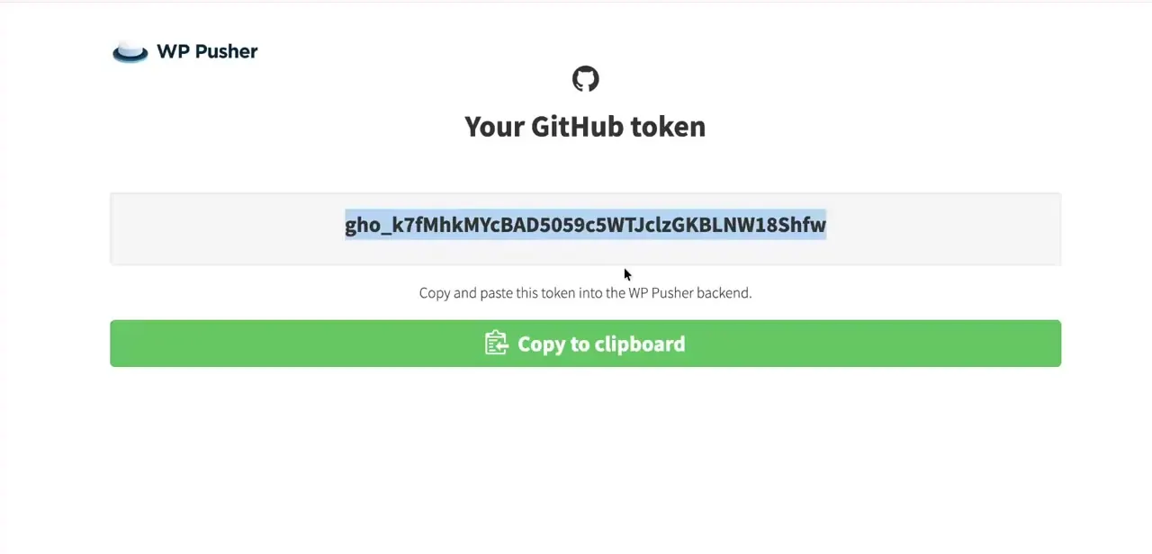 A GitHub access token generated for the connector plugin. It's shown once — copy it straight into the plugin's settings before doing anything else.