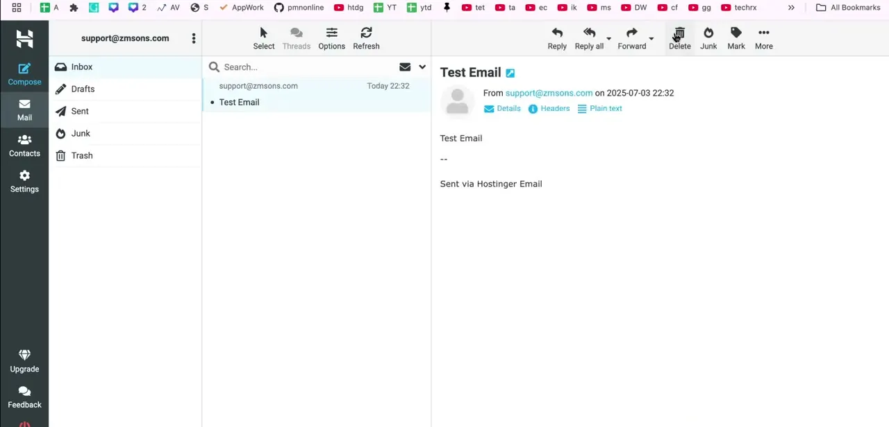 The Webmail interface for a mailbox, with Delete sitting next to Reply, Forward, and Mark in the message toolbar.