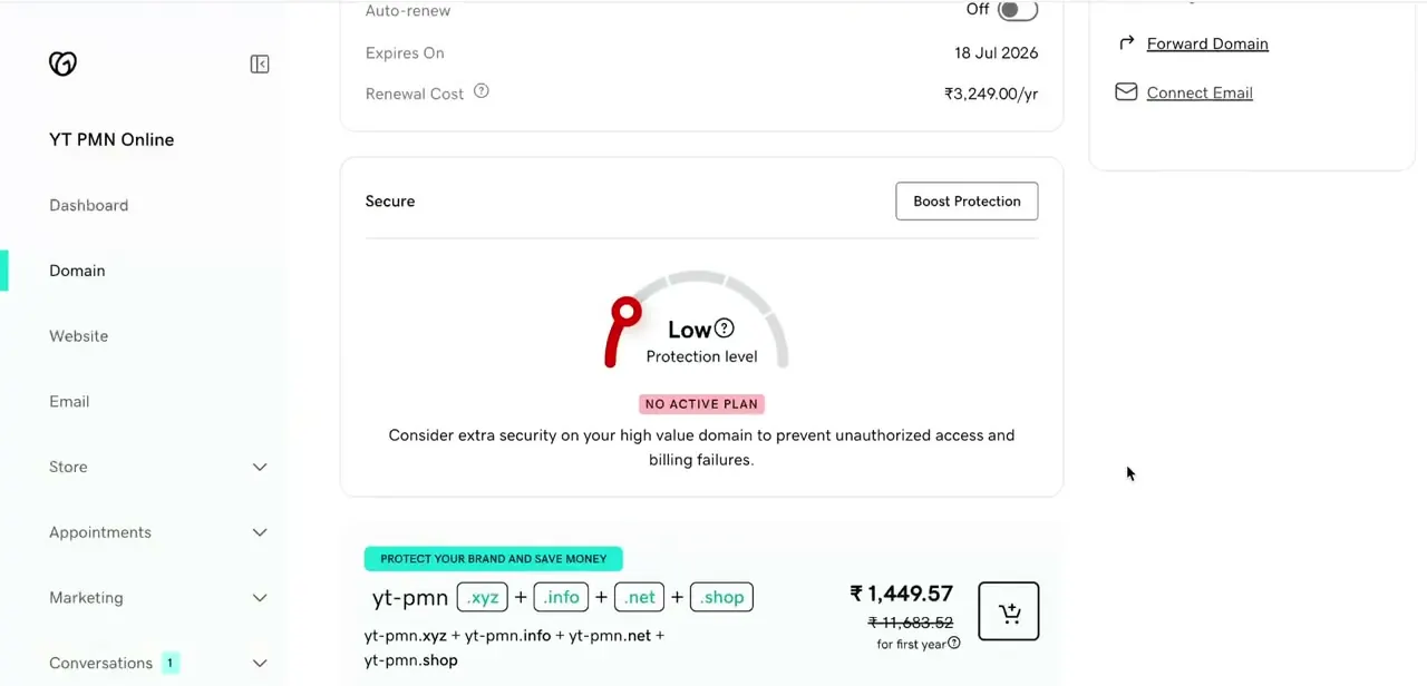 A domain's management page in GoDaddy, showing expiry and renewal details along with the Secure section where protection settings live.