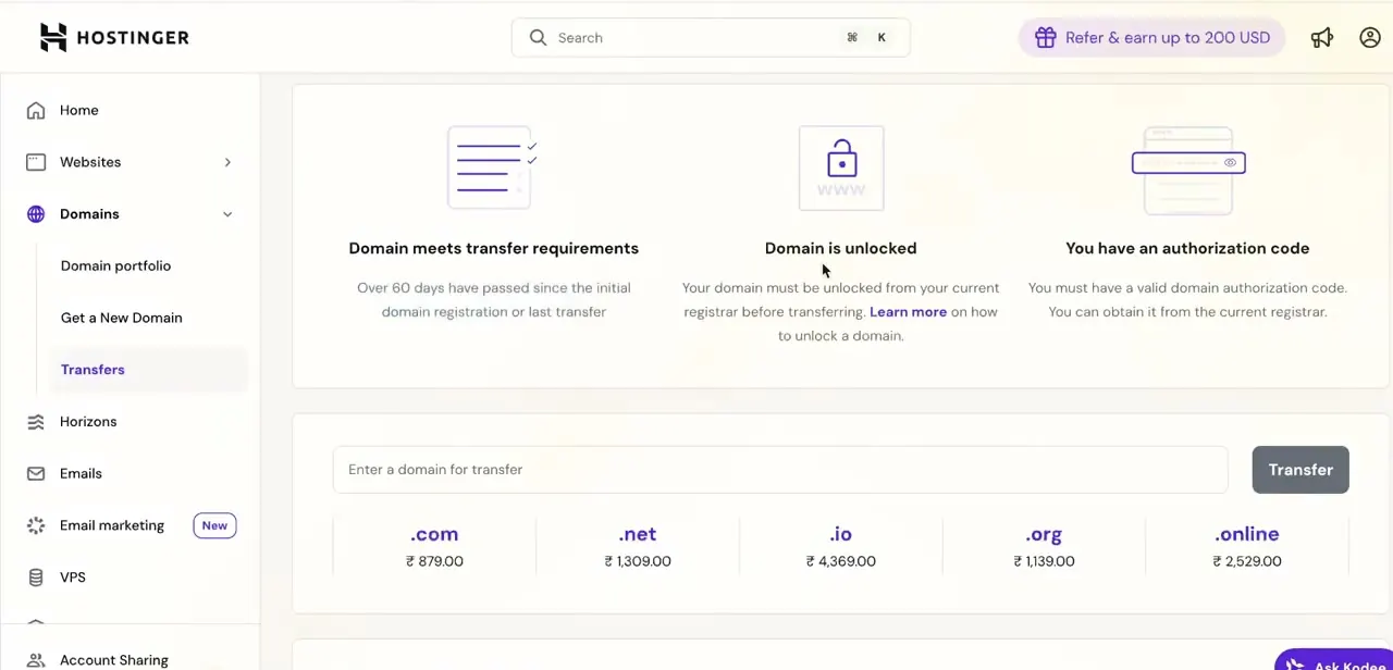 Hostinger's Transfers page listing all three requirements: 60 days since registration, an unlocked domain, and a valid authorization code.