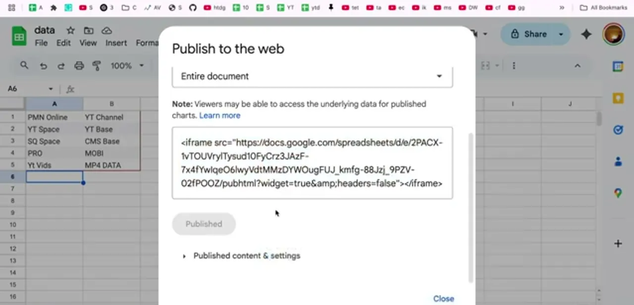 The Embed tab after publishing, showing the full iframe tag with the widget and headers parameters already applied.
