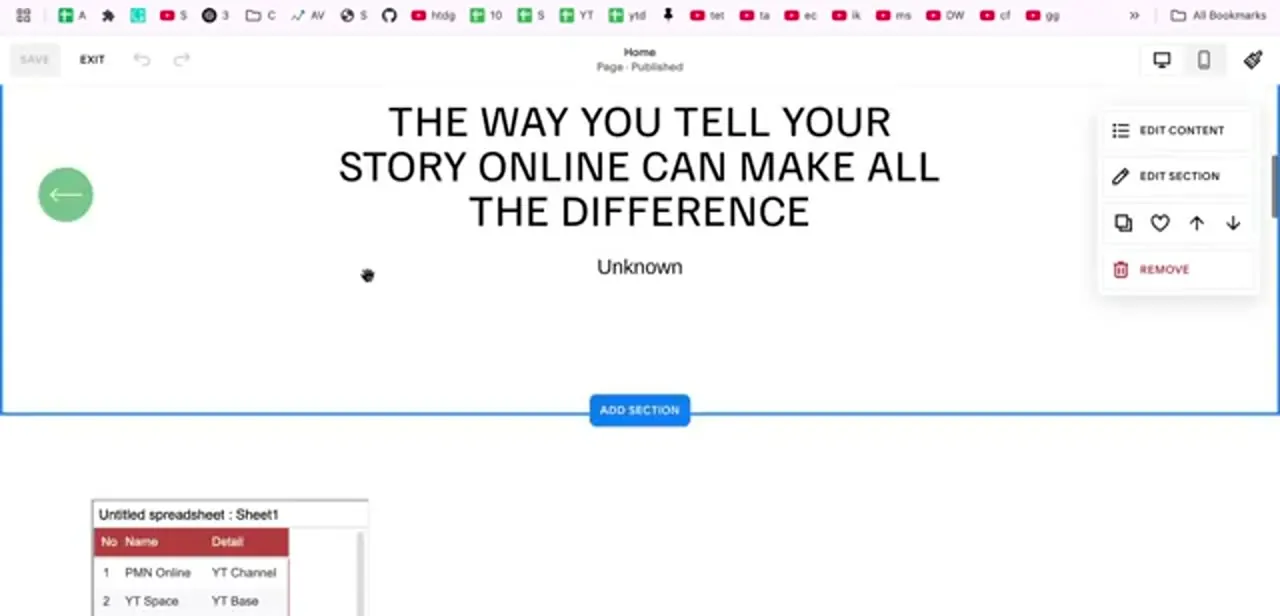 The Squarespace page editor with the published sheet appearing below the section, and the Add Section control between bands.