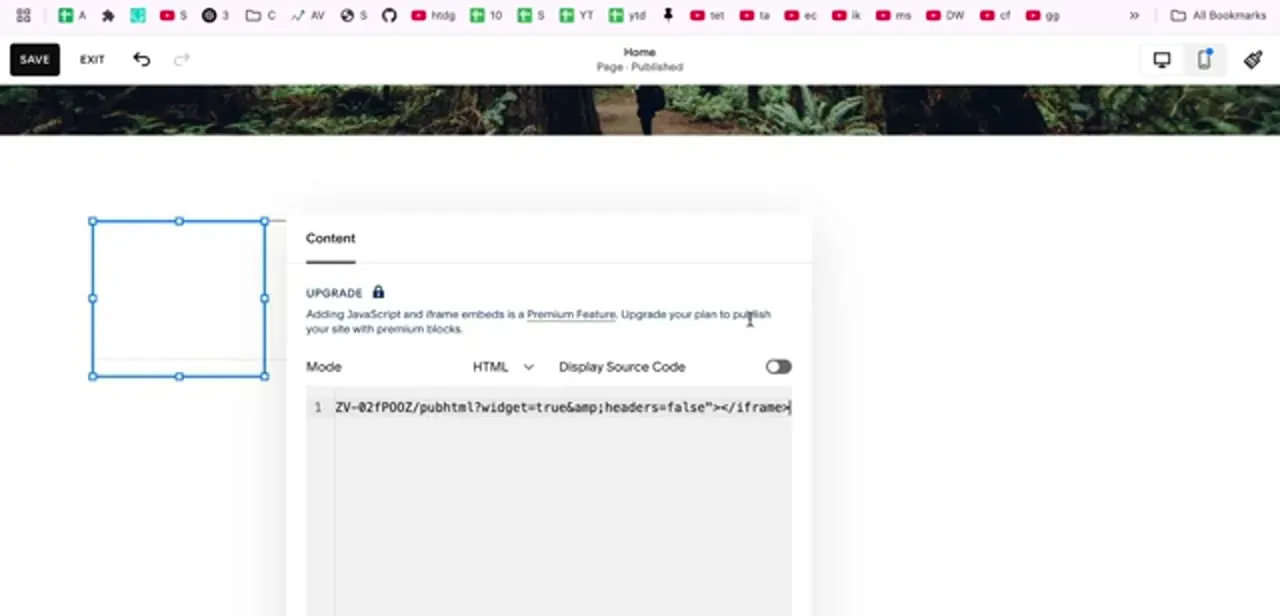 The Squarespace Code Block with the iframe pasted in, and the notice that JavaScript and iframe embeds require a plan upgrade to publish.