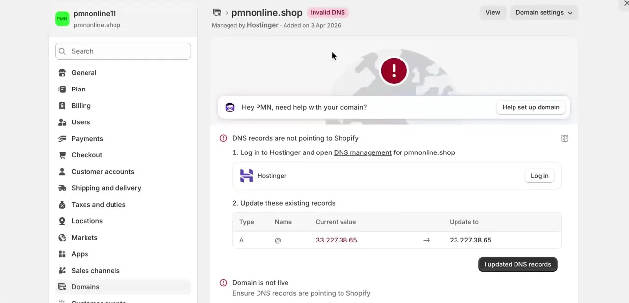 Shopify's domain connection screen showing "Invalid DNS" with the exact A record change it's waiting for.