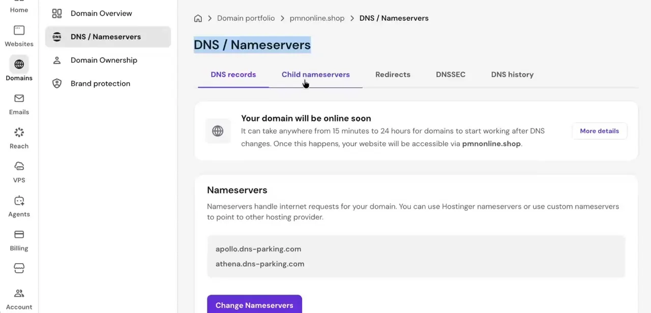 Hostinger's DNS / Nameservers panel, with DNS records, Child nameservers, Redirects, and DNSSEC as separate tabs.