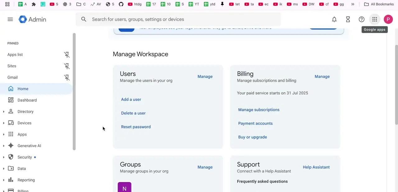 The Admin console home screen. Users, Billing, and Groups are managed from here, and this is also where you confirm you have super admin access before starting a migration.