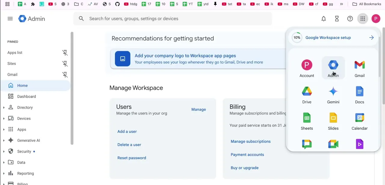 The Google apps switcher, open from the Admin console. This is the fastest way to jump between the console and Gmail or Drive while checking a migration's progress.