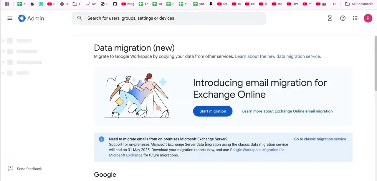 The Data import screen under Data > Data import and export, with Business Gmail selected as the source type.