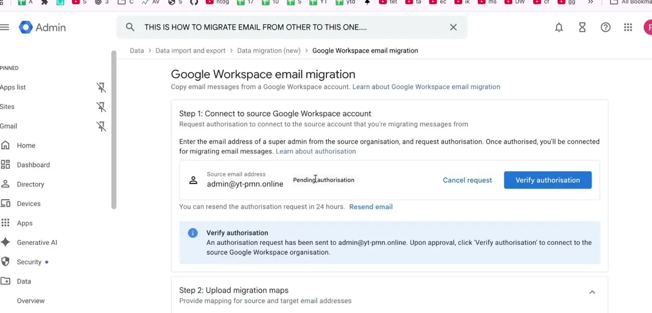 Step 1 of Google Workspace email migration: connecting to the source account. The request shows as pending until a super admin on the source organization approves it.