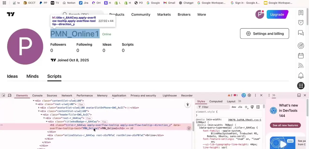 The profile page with developer tools open, showing the username sitting as plain text inside the page's heading element.